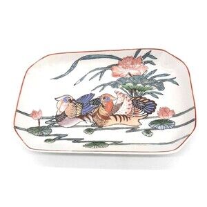 Vtg Dynasty Quianlong Hand Painted in Macau Mandarin Ducks Trinket Dish Tray